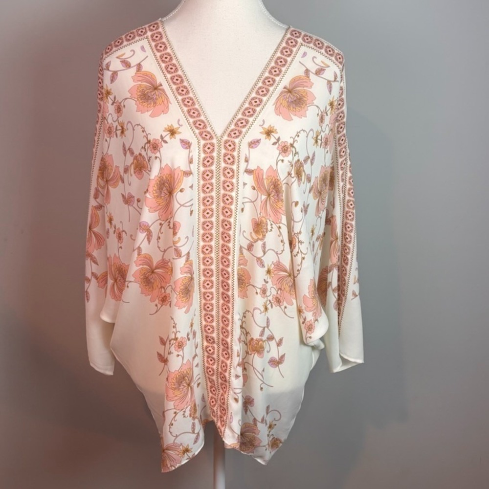 Rose & Olive Womes White Pink Floral Dolman Sleeve Lightweight Blouse sz Large